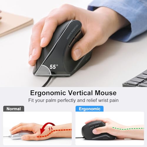 SANWA Wired Ergonomic Vertical Mouse, Silent Click & Remap with Software | 3 Programmable Buttons, Optical USB Mouse, 1000/1600 DPI, Wrist Relief, 55° Natural Comfort, Compatible Win/Mac/Laptop/PC
