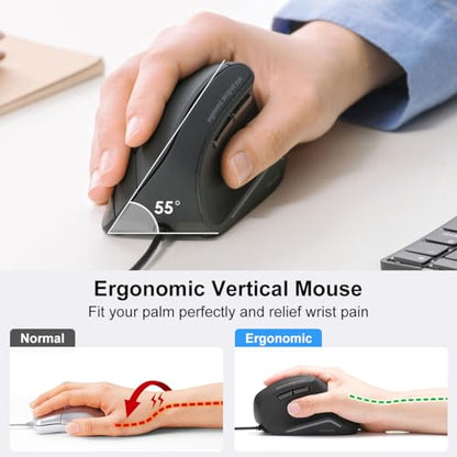 SANWA Wired Ergonomic Vertical Mouse, Silent Click & Remap with Software | 3 Programmable Buttons, Optical USB Mouse, 1000/1600 DPI, Wrist Relief, 55° Natural Comfort, Compatible Win/Mac/Laptop/PC