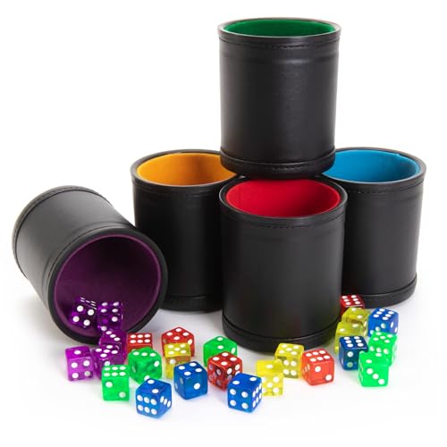 Brybelly Dice Set with Dice Shaker Cup - Perfect for Casino Dice Game for Family Leather Dice Cup - Poker Dice Shaker - Multicolor Dice Cups and 25 Multicolor Dice Sets - style: 5 Multi Color Cups & 25 Dice