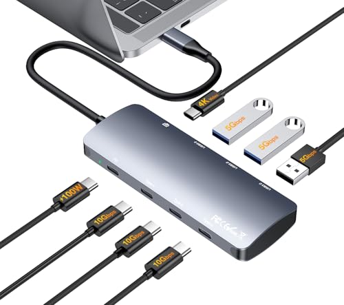 USB C Hub 10Gbps, USB C Splitter with 4K@60Hz Video Output, 100W PD Charging, Data Transfer, USB4 Multiport Dongle Adapter Extender for MacBook Pro/Air, iPad Pro, Dell, HP and More Type C Devices