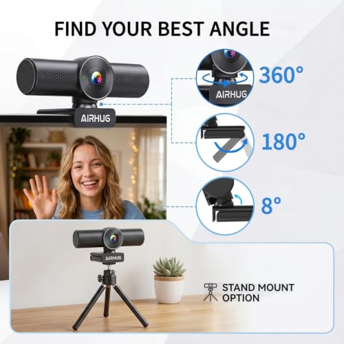 AIRHUG 2K 60fps Streaming Webcam with Dual Mics & Privacy Cover | Sony 8MP Sensor, PDAF Autofocus, 60° Focused View, Plug & Play for Online Meetings