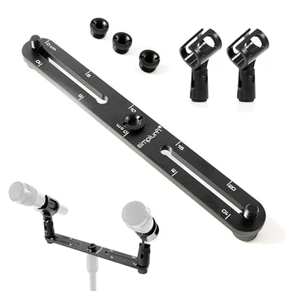 Stereo Array Spacing Microphone Mount with Ruled Markings - Holds 2 Mics - X-Y and ORTF Mic T-Bar Bracket, Fits 3/8" and 5/8" Mic Stands with Included Adapter (MIC-BAR-CLIP-MARK)
