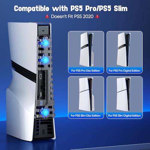 FASTSNAIL Cooling Fan wih LED Light for PS5 Slim/Pro Disc/Digital Console | Efficient Cooling & 3 Fan, Auto Power On/Off, Adjustable Speed, USB3.0 Port & LED Light, Quiet Cooler System for PS5 Slim/Pro - color: Matte Black