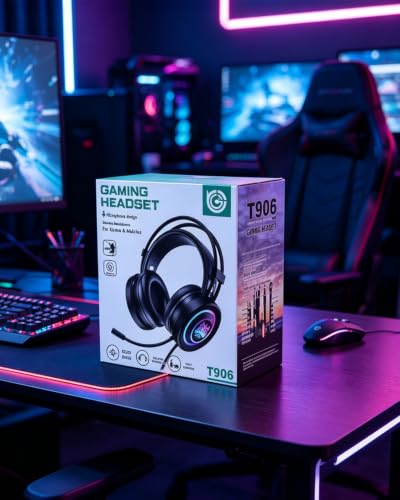 RGB Lighting Gaming Headset with External LED Strip, 360° Surround Sound & Noise Cancelling Mic, Over-Ear Headphones, Comfortable Memory Foam Earmuffs, Adjustable Headband for Long Gaming Sessions