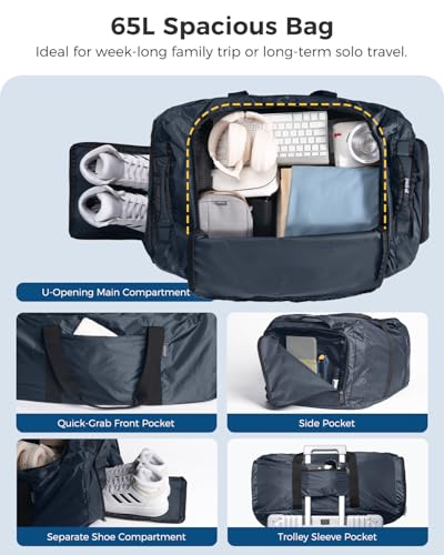 pack all 65L Foldable Travel Duffel Bag, Shoe Compartment Weekender Bag | Ultralight, Packable, Water Resistant, Tear Resistant Nylon, Detachable Strap, Luggage Sleeve, For Travel, Camping, Navy - color: Navy, size: 65L