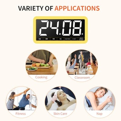 Large 7.8" Digital Timer, Magnetic LED Timer for Kitchen & Classroom | USB-C Rechargeable, Up to 99 Hours Count Up & Countdown Timer with 3 Brightness Levels, 4 Alert Modes and 3 Volume Levels - color: Yellow