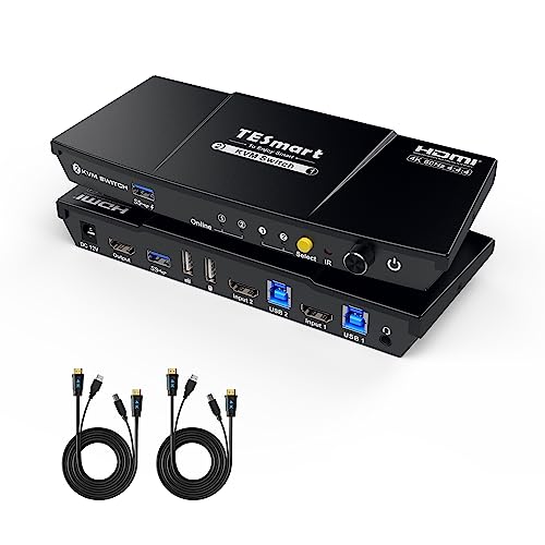 TESmart USB 3.0 HDMI KVM Switch 1 Monitor 2 Computers 4K@60Hz, L/R Audio & Microphone, 2 Port EDID Emulators, Hotkey Switching, Button Switching with Remote Switch and All Input Cables - size: USB 3.0 for 2 computers 1 monitor