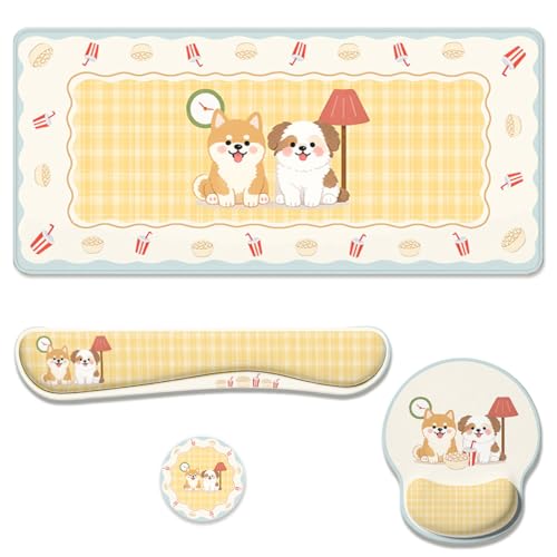 Cute Dogs Desk Mat Set Cozy Cartoon Room Large Mouse Pad with Wrist Rest 4-in-1 Desk Mat for Desktop Ergonomic Computer Desk Arm Wrist Anti-Slip Computer Ergonomic Mouse Pad Home Office Gaming - color: Cute Dogs, size: 34.5" x 15.7"