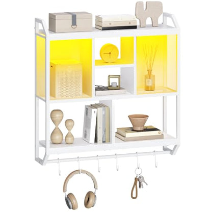 HOOBRO Gaming Floating Shelves with LED Lights, 28.7" LED Wall Mounted Shelf, 3-Tier Display Rack for Wall Storage, Floating Rack with Hanging Rod and 6 S-Hooks, for Gaming Room, White WT70DBJ01 - color: White