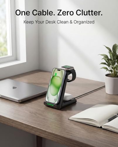 Wireless Charging Station for iPhone - ADADPU 3 in 1 Charger Stand for iPhone 17 16 15 14 13 12 11 Pro Max XR 8 Plus, for Apple Watch 8/7/SE/6/5/4/3/2, AirPods Pro/3/2(with 5ft Cable and 20W Adapter)