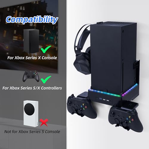 Mcbazel Wall Mount with Cooling Fan for Xbox Series X, Xbox Series X 4 in 1 Wall Mount Kit, 3-Speed Low Noise Fan with RGB Light & 3 USB Ports, Controller & Headset Holder - Black