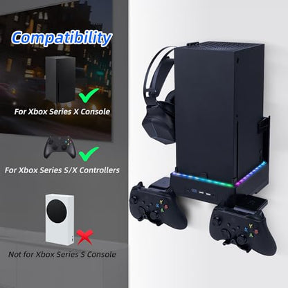 Mcbazel Wall Mount with Cooling Fan for Xbox Series X, Xbox Series X 4 in 1 Wall Mount Kit, 3-Speed Low Noise Fan with RGB Light & 3 USB Ports, Controller & Headset Holder - Black