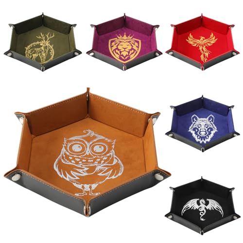 Grajar 6 Pcs DND Dice Tray with Animals Pattern for RPG D&D Table Games - Folding PU Leather and Velvet Rolling Holder Storage Box - color: Animal Series