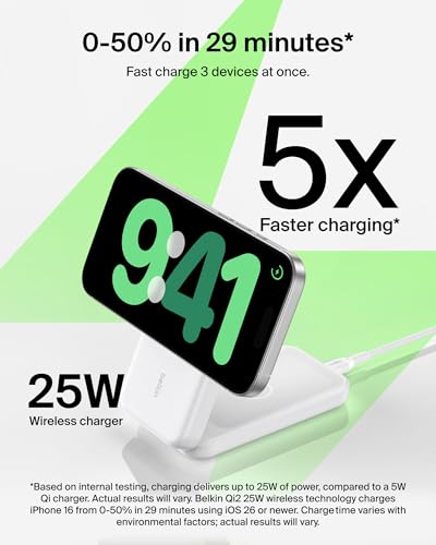 Belkin Qi2.2 25W Wireless 3 in 1 Foldable Fast Charging Station for iPhone | Fast Charigng, MagSafe Compatible, iPhone 17/16/15, Apple Watch, AirPods, Travel Charger, Magnetic - color: White
