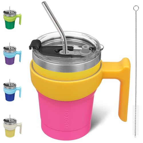 BJPKPK 10 oz Mini Tumbler with Lid, Straw & Handle, Insulated Steel Cup | Small, Spill Proof, Leak Proof, Thermal, Double Wall Vacuum, Sweatproof, Dishwasher Safe, BPA Free, Pink & Yellow Rose - color: A-Pink & Yellow Rose, size: 10 Ounces