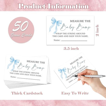 Blue Bow Measure the Baby Bump Game, Pack of 1 Wooden Tabletop Sign with Stand and 50 Guessing Cards, Blue Coquette Bow Baby Shower Game, Gender Reveal Party Decorations - HC02 - color: Measure the Baby Bump