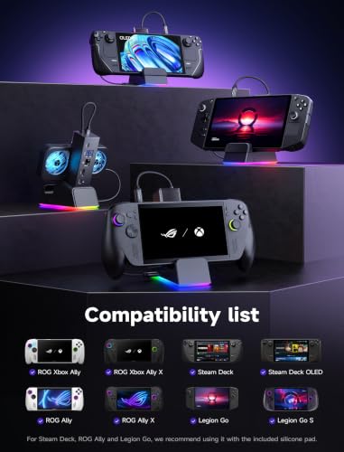 JSAUX Docking Station for ROG Ally X/ROG Ally/Steam Deck/Legion Go, 7-in-1 ROG Ally X Dock with RGB Cooling Fan, HDMI 4K@120Hz, Gigabit Ethernet, Dual USB & USB C 3.0, 100W PD Charging - HB0705 - color: Black-RGB Fan Cooling