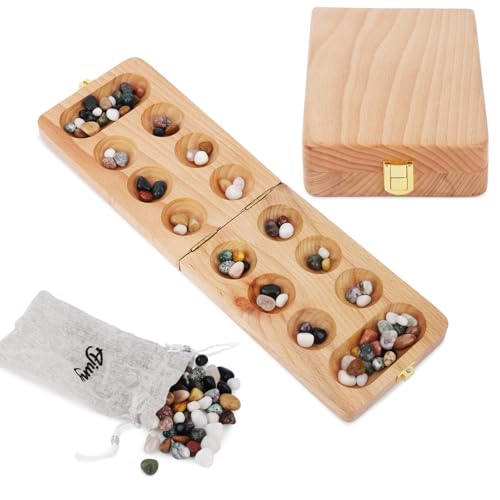 Ajuny Mancala Board Game, Real Natural Stones, Folding Wooden Travel Set | Solid beech wood, 80 unique real stones (48+32), folds & latches shut. Screen-free 2 player game for family night, kids 6+ - size: 8 Inch