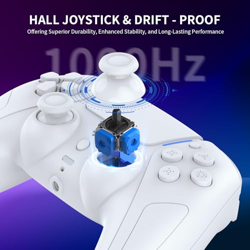 JDDWIN LED Wireless Gaming Controller for PS5/PC/Android/IOS/MAC/Steam Deck,Hall Effect, Bluetooth, 3.5mm Audio Jack, Dual Vibration, 6-Axis Motion Contro Gamepad with Speaker (White)