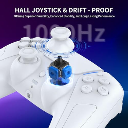 JDDWIN LED Wireless Gaming Controller for PS5/PC/Android/IOS/MAC/Steam Deck,Hall Effect, Bluetooth, 3.5mm Audio Jack, Dual Vibration, 6-Axis Motion Contro Gamepad with Speaker (White)