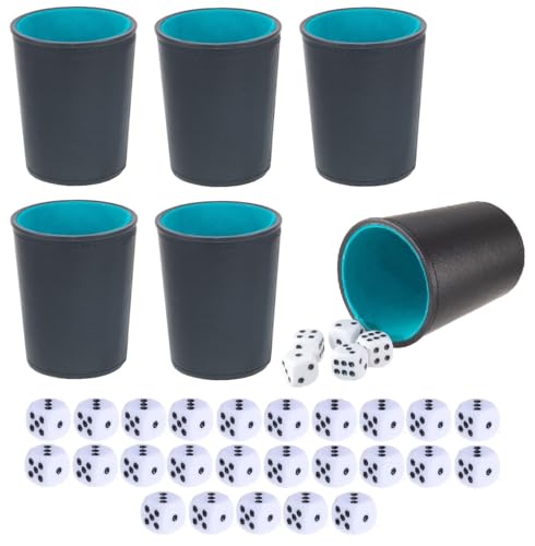 Leather Dice Cup, Quite Felt-Lined Interior, 6 Shaker Cups and 30 Dot Dices, one Carry Bag (Black and Lake Blue) - color: Black and Lake Blue
