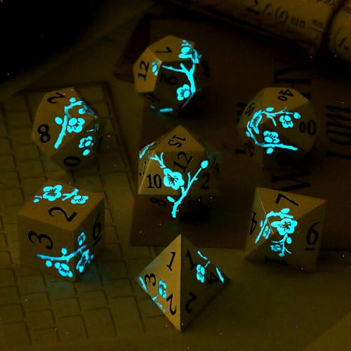 Glow in the Dark Flower Metal Dice, DNDND 7 PCS Blue Metallic D&D Dice Set with Gorgeous Gift Case for Dungeons and Dragon Tabletop Game (Glow in the Dark Blue) - color: Flower Glow Blue