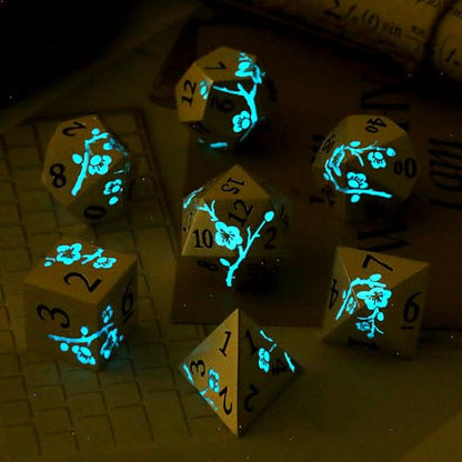 Glow in the Dark Flower Metal Dice, DNDND 7 PCS Blue Metallic D&D Dice Set with Gorgeous Gift Case for Dungeons and Dragon Tabletop Game (Glow in the Dark Blue) - color: Flower Glow Blue