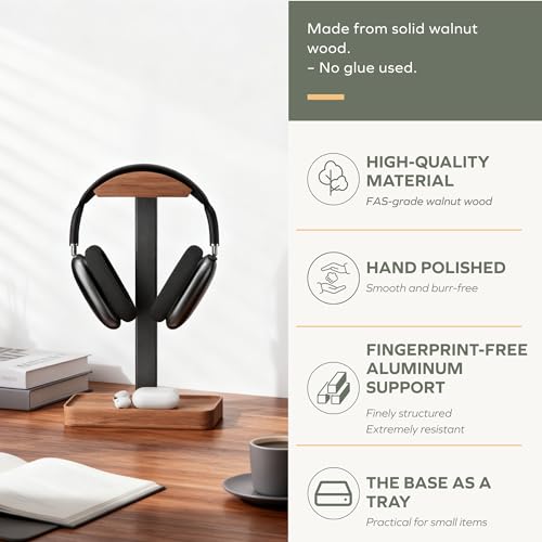 muso wood Walnut Headphone Stand, Wood Headset Stand with Storage Base, Headphones Holder for Gaming, Office, and Home Desk - Compatible with AirPods Max, Bose, Razer (Black) - color: walnut wood
