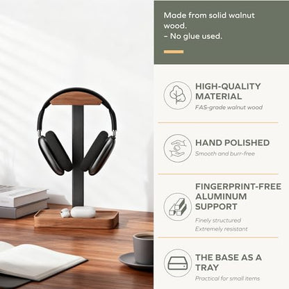 muso wood Walnut Headphone Stand, Wood Headset Stand with Storage Base, Headphones Holder for Gaming, Office, and Home Desk - Compatible with AirPods Max, Bose, Razer (Black) - color: walnut wood
