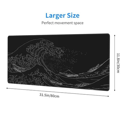 Japanese Sea Wave Large Mouse Pad, Anime Black Gaming, Extended Kanagawa Mat Desk Pad, 3mm Thick Long Non-Slip Rubber Base Mice Pad, 31.5 X 11.8 Inch - color: Japanese Sea Wave