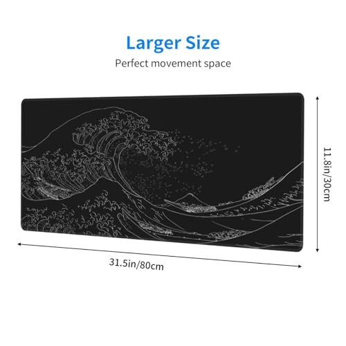 Japanese Sea Wave Large Mouse Pad, Anime Black Gaming, Extended Kanagawa Mat Desk Pad, 3mm Thick Long Non-Slip Rubber Base Mice Pad, 31.5 X 11.8 Inch - color: Japanese Sea Wave