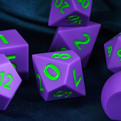 7-Piece Jumbo Silicone DND Dice Set, 25mm Oversized D&D Dice | Round Edges Soft Perfect Bouncer Compatible with Dungeons and Dragons RPG Bar Pub Club Party Games - color: Purple W/Green Numbers