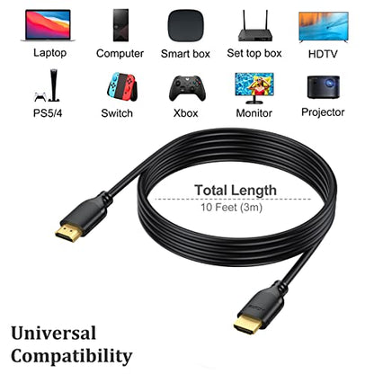 4K HDMI Cable 10 FT 2-Pack, HDMI Cord 10 Foot High Speed HDMI to HDMI Cable 4K@60Hz, 2K 1440P@144Hz, 1080P, HDCP 2.2, HDR, 3D, ARC & Ethernet for HDTV, Laptop, Monitor, PS5, PS4, Xbox - size: 10FT