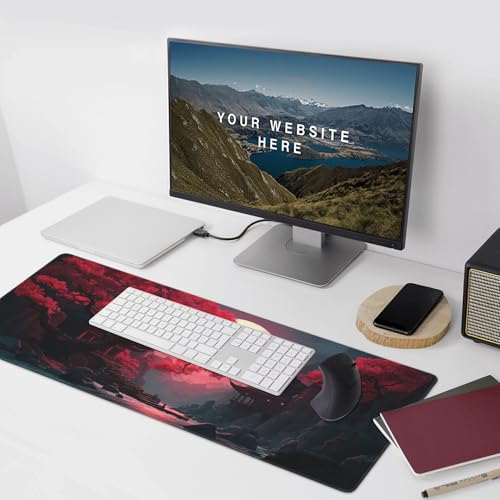 Extended Gaming Mouse Pad, Japanese Temple Scene, 35.4 x 15.7 inches, Non-Slip Base, Red Moon Design - color: Red Moon Canyon
