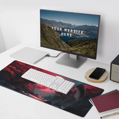 Extended Gaming Mouse Pad, Japanese Temple Scene, 35.4 x 15.7 inches, Non-Slip Base, Red Moon Design - color: Red Moon Canyon