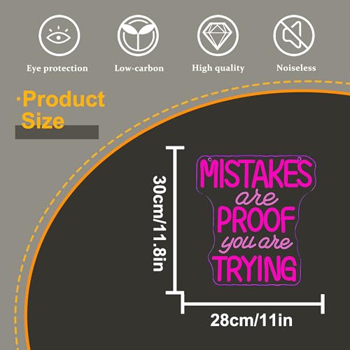 Allball Mistakes Are Proof You Are Trying Neon Sign, Motivational Neon Sign USB Powered LED Dimmable, for Classroom Office Children Room Bedroom Living Room Sign, Graduation Gift(11.8 * 11 In) - color: pink1