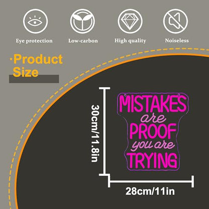 Allball Mistakes Are Proof You Are Trying Neon Sign, Motivational Neon Sign USB Powered LED Dimmable, for Classroom Office Children Room Bedroom Living Room Sign, Graduation Gift(11.8 * 11 In) - color: pink1