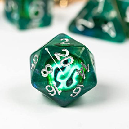Cusdie 7-Die DND Dice, Polyhedral Dice Set Filled with Eyeball, for Role Playing Game D&D Dice(Green Eyeball) - color: Green Eyeball