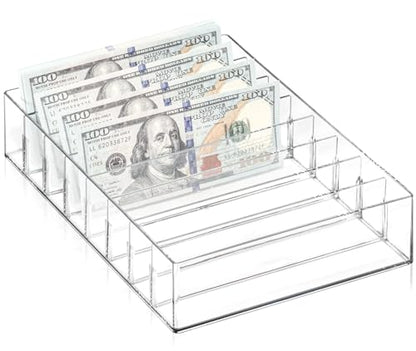 XUWAIDSGN Large Acrylic Cash Organizer 8 Section Clear Money Budget Tray Organizer Plastic Divider Bill Storage Holder for Cash Envelope (Clear)