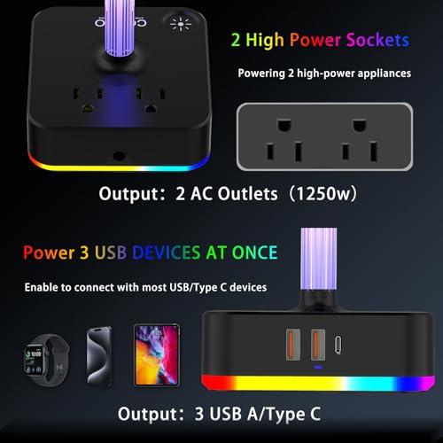 cozoo RGB Headphone Stand with Charger 3 USB Ports and 2 AC Outlets,2 USB-A 1 Type C,Desk Gaming Headset Holder with 9 Light Modes,PC Gaming Desk Accessories,Gamer Gifts,RGB Gaming Stuff Headset Stand | 9 Light Modes:7 Static & 3 RGB Dynamic Lights; 2 AC,