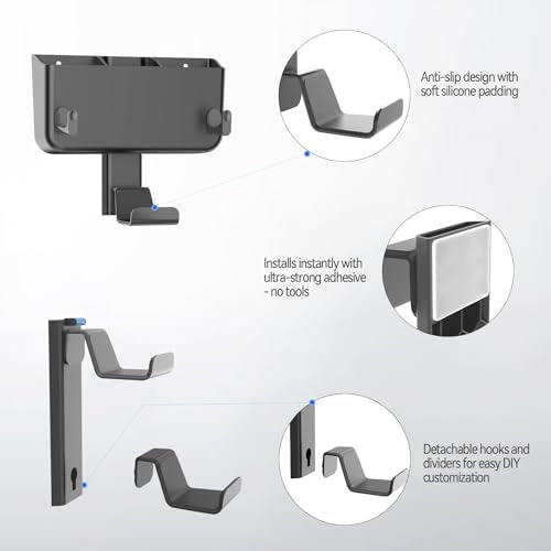 Controller & Headset & Remote Holder Wall Mount with No Drill, 4 Packs Gaming 8 Controllers Hanger Hook Mount for PS5/PS4/XBOX/Switch, Headphone Stand & Remote Control Holer Wall Shelf with Adhesives - size: 5 Packs
