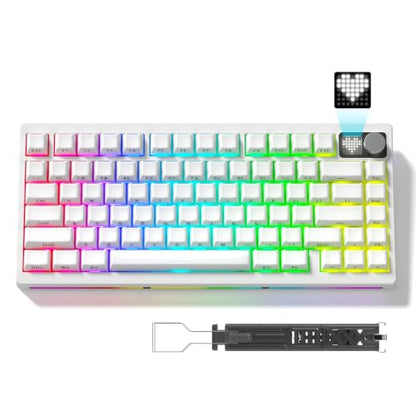 Womier 75% Wireless Mechanical Gaming Keyboard with Knob&Dot-Matrix Display | Bluetooth5.0/2.4GHz/USB C Thocky Creamy Keyboard for PC Computer, 8000mAh Battery Jelly key board for Win/Mac (MT75-White) - color: White