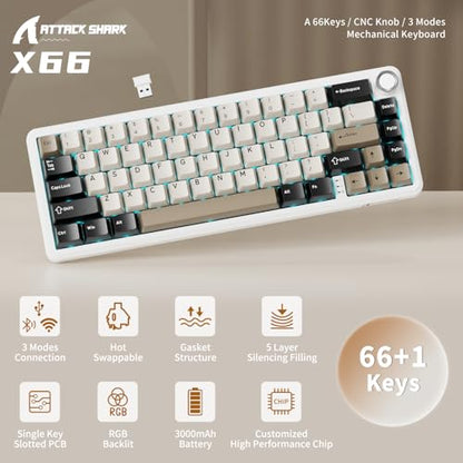 ATTACK SHARK X66 Wireless 60% RGB Mechanical Gaming Keyboard-Cheese White | Volume Knob,Tri Mode-USB-C Wired/BT5.0/2.4Ghz,Gasket Mount,PBT Keycap,Hot Swappable Strawberry Switch,TKL,NKRO for PC Win Mac - color: Cheese White