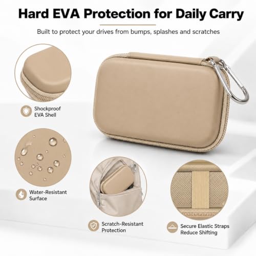 Comecase Dual SSD Case for SanDisk Extreme Portable SSD and Extreme PRO | Holds 2 Drives & 12 SD Cards, Elastic Strap Fit 500GB/1TB/2TB/4TB/8TB, Cable Groove & Carabiner for Travel, Khaki, Box Only - color: Khaki