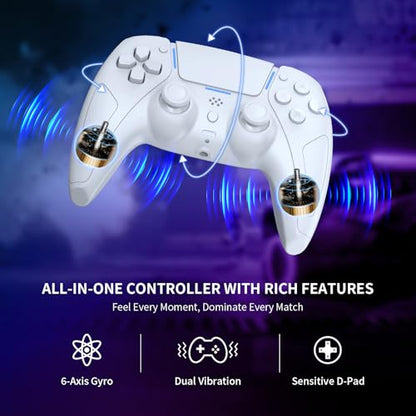 JDDWIN LED Wireless Gaming Controller for PS5/PC/Android/IOS/MAC/Steam Deck,Hall Effect, Bluetooth, 3.5mm Audio Jack, Dual Vibration, 6-Axis Motion Contro Gamepad with Speaker (White)