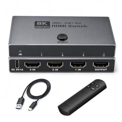 8K HDMI Switch: HDMI 2.1 Switcher 3 in 1 Out Supports CEC 8K@60Hz, 4K@240Hz, HDCP 2.3 HDR 3D Dolby Atmos VRR IR Remote Compatible with Popular Gaming Consoles and Media Devices