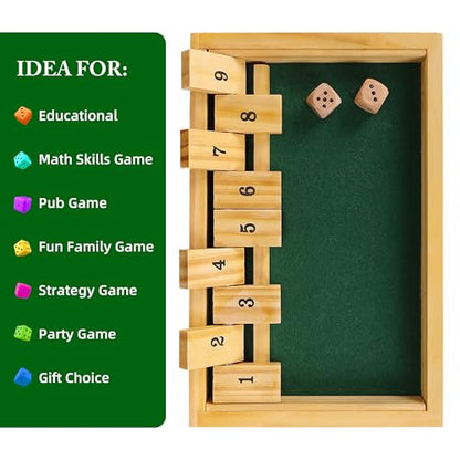 Shut The Box Game - Wooden Board Dice Game - Classic Strategy Math Game for Adults, Family, Kids - with 2 Dice and Instructions - Ideal for Family Night, Travel - (Ages 6+) - color: Shut the Box