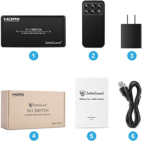 4K 60Hz 5 Port 5 x 1 HDMI Switch with IR Remote Control HDMI 2.0 Switcher Support 18Gbps 4K x 2K 3D HDCP 2.2 HDMI Splitter Hub Port Switches for PS4 Xbox Apple TV Fire Stick Blu-Ray Player - style: 5 In 1 Out