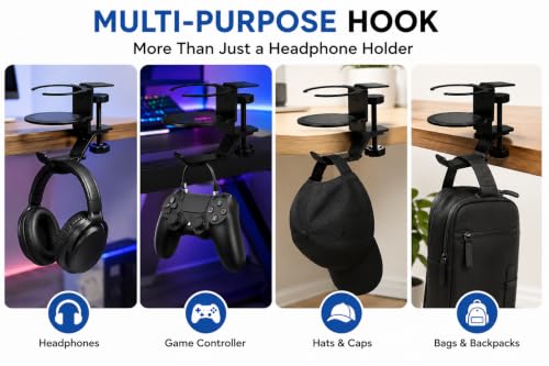 Foldable Aluminum Under Desk Headphone Hanger with Cup Holder, 2-in-1 Clamp-on Headset Stand & Drink Holder, Heavy Duty Gaming Headphone Hook for Office, Home, Gaming Desk - Black