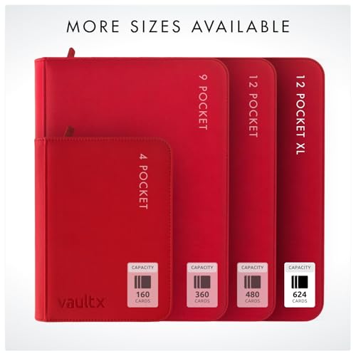 Vault X 12 Pocket XL Zip Trading Card Binder 624 Cards Exo-Tec (Red) | Holds 624 standard-size TCG cards in 26 side-loading 12-pocket pages. Padded, water-resistant Exo-Tec cover. - color: Red, size: 12 Pocket XL